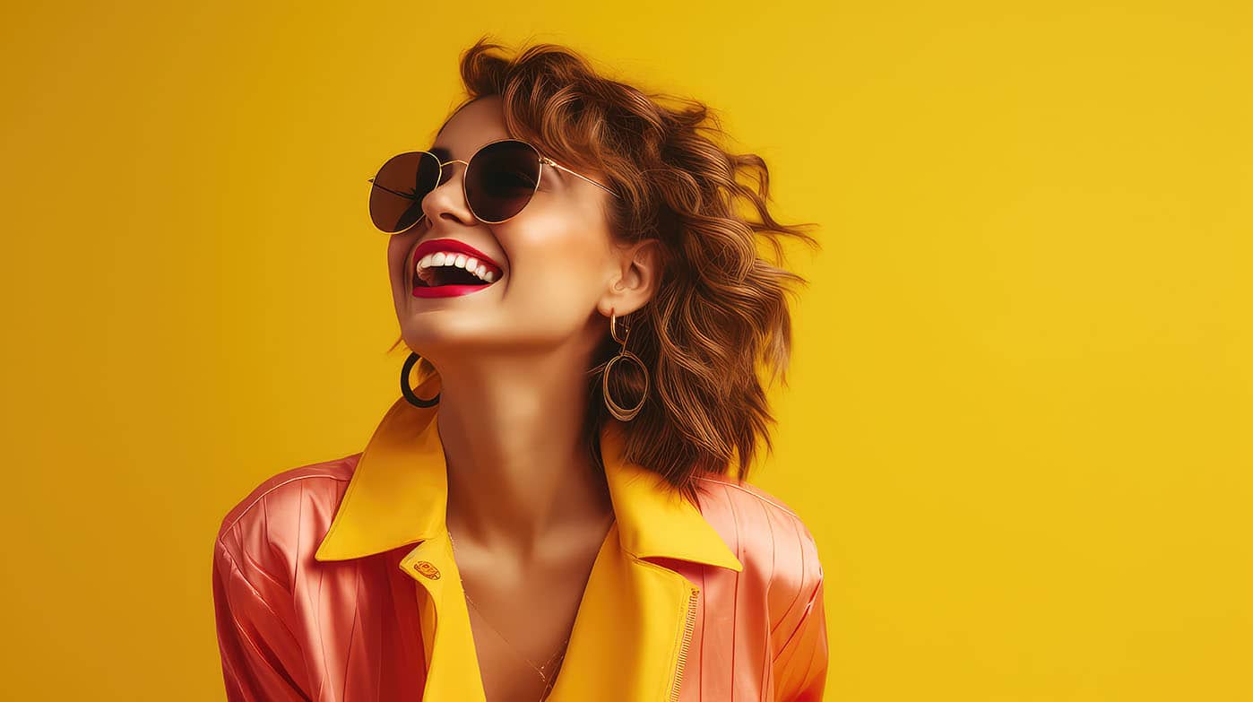 Woman with sunglasses on, smiling and laughing against a yellow backdrop.