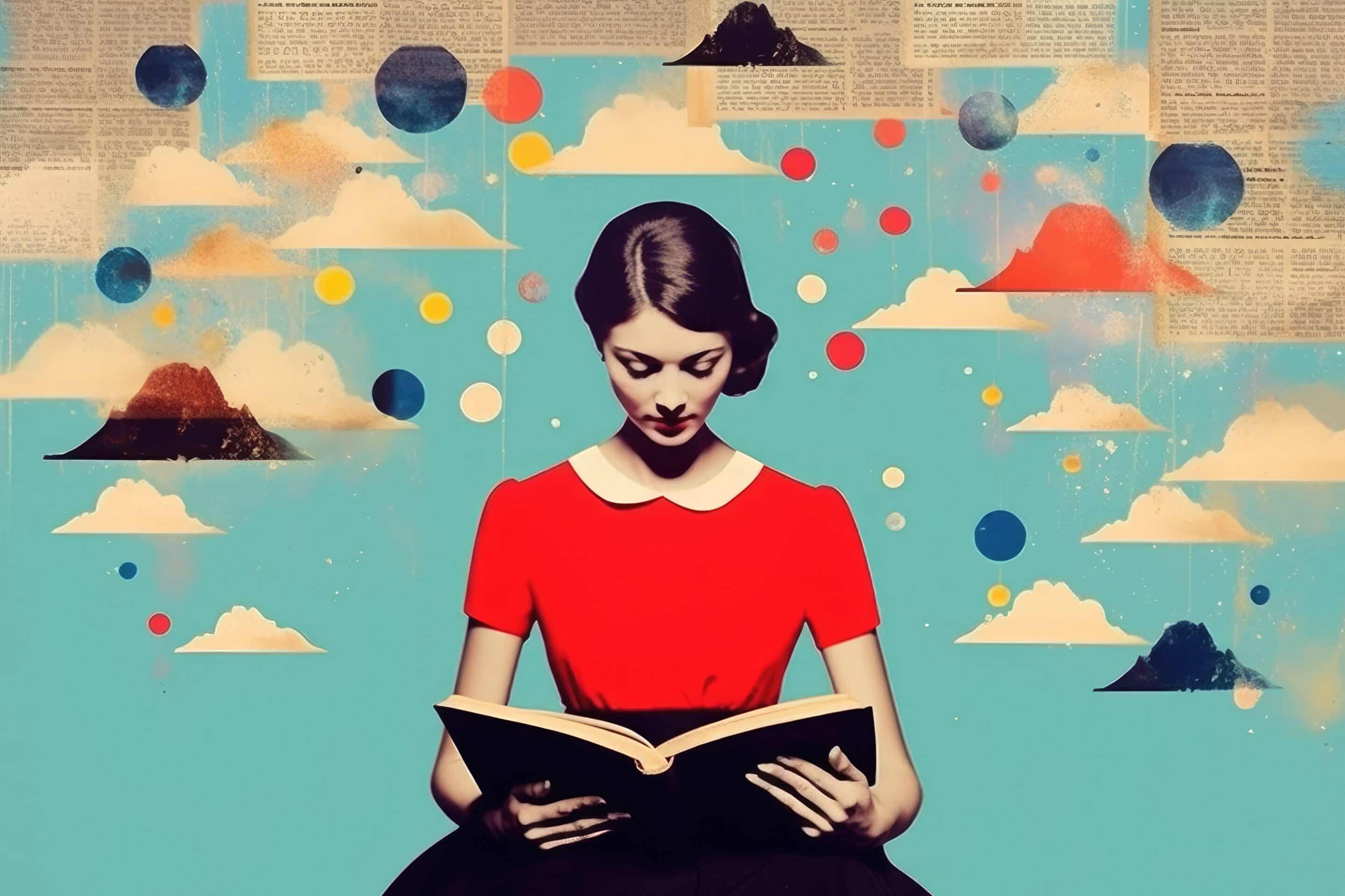 Minimal *Collage Retro dreamy book reading*, paper collage, cute and fun bright colours,